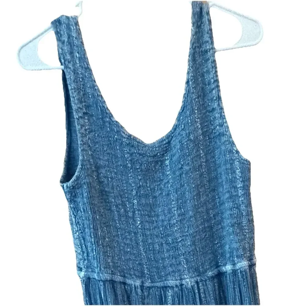 Mlle Gabrielle Dress Sz 1X Smocked Tiered Blue Silver Chic Bohemian Boho Cottage